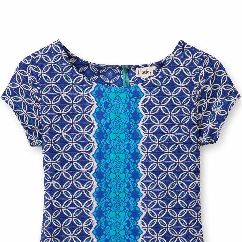 Hatley Women's Petite Small Knee Length Dress Blue Geometric Floral Short Sleeve - Picture 3 of 6